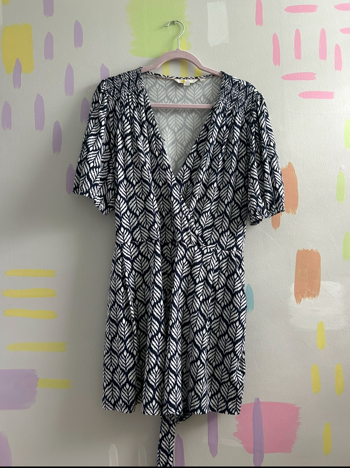 Boden Black and White Leaf Print Wrap Dress - Size 12R