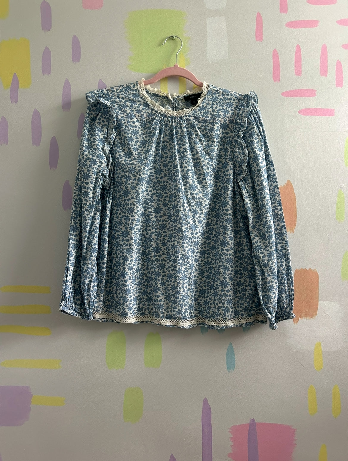 J.Crew Blue and White Ditsy Floral Blouse with Ruffles - Size Medium