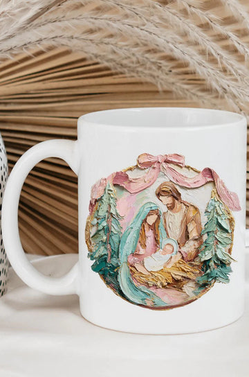 Nativity Coquette Ceramic Mug, Painted Pastel Christmas Graphic