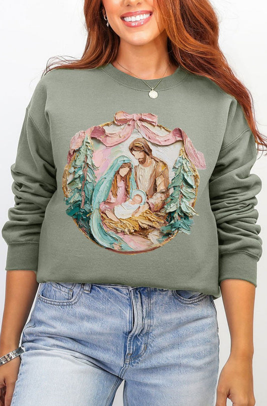Nativity Coquette EcoSmart Crewneck Sweatshirt, Painted Pastel Christmas Graphic