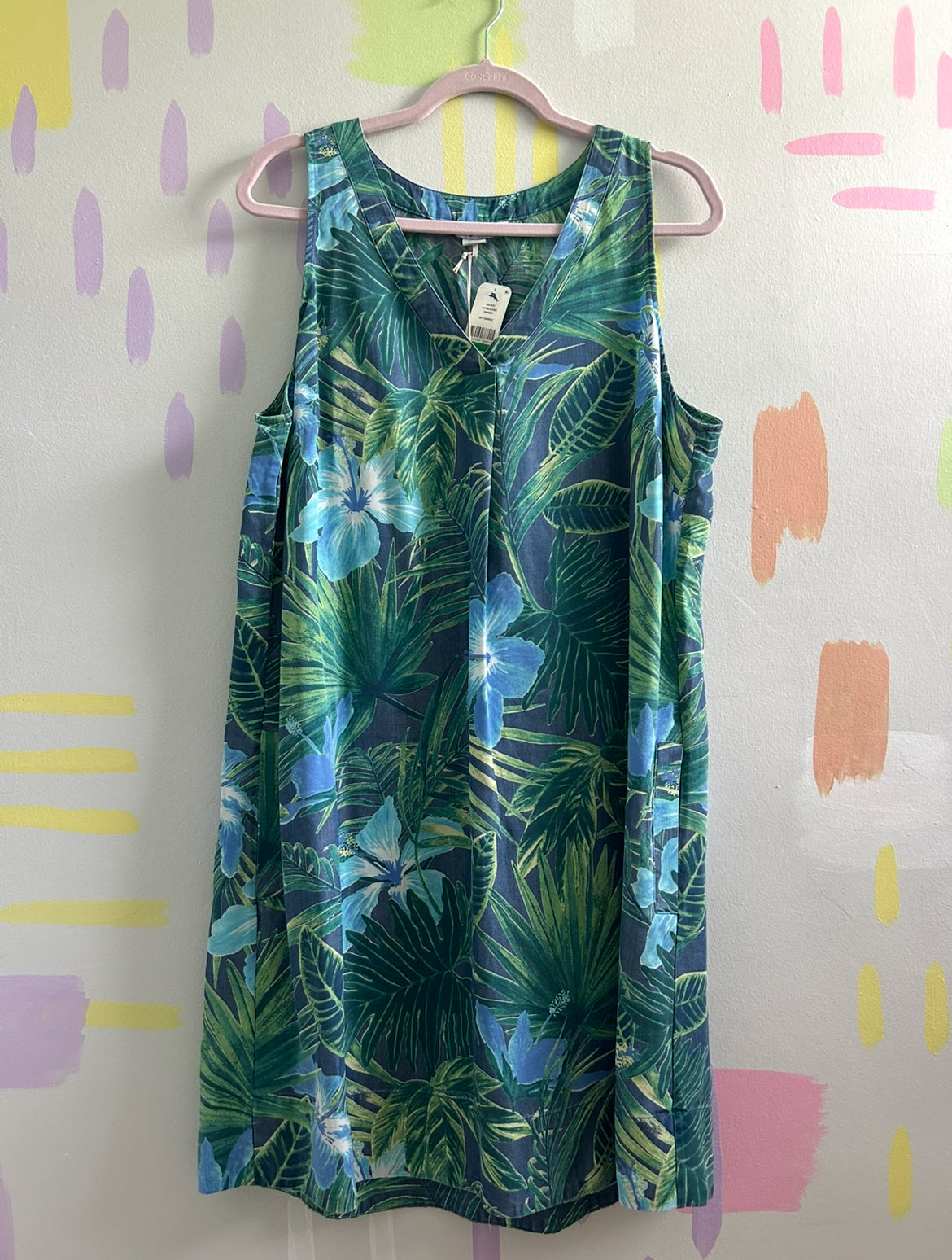 Tommy Bahama Green and Blue Tropical Print Sleeveless Dress - Size Large