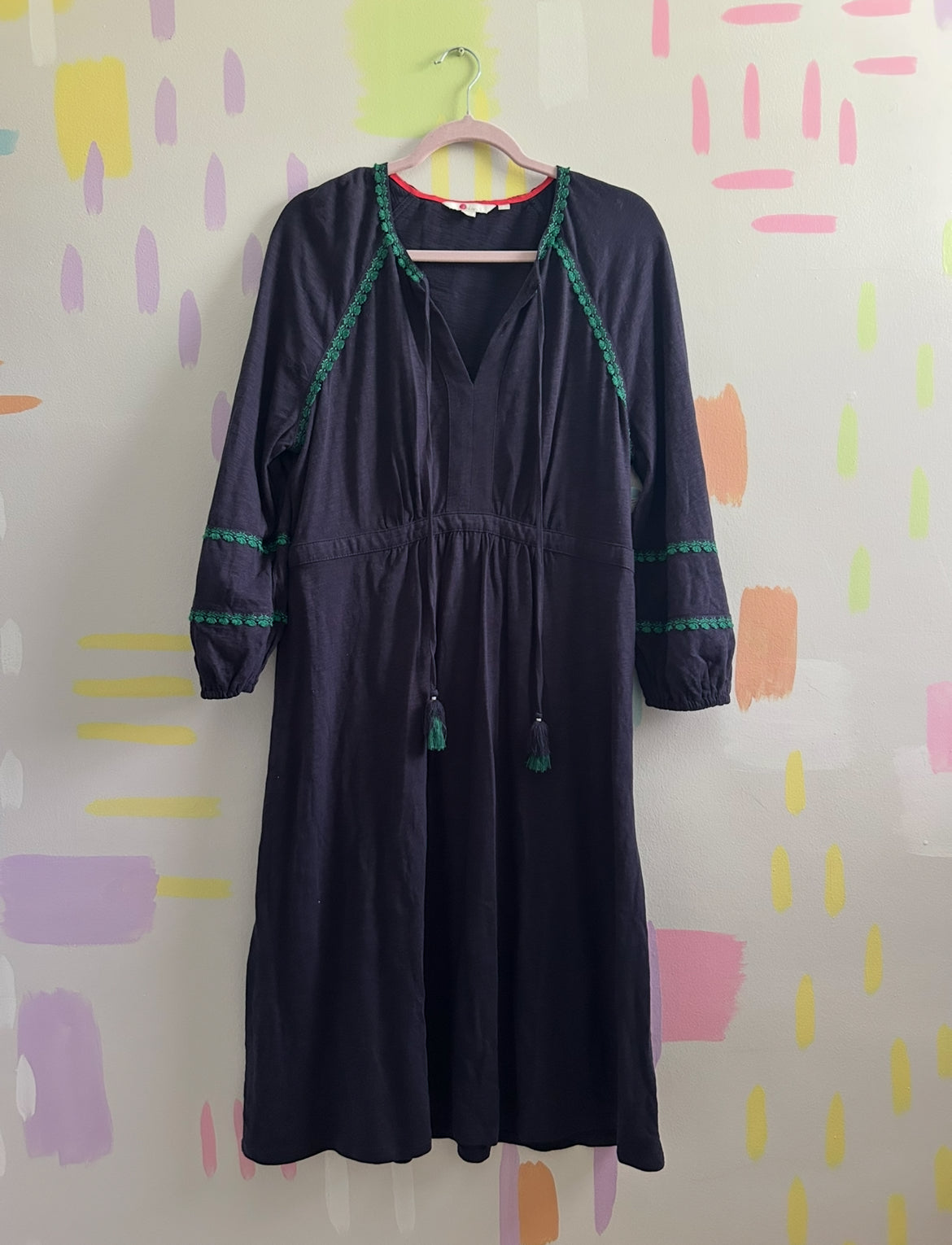 Boden Navy Embroidered V-Neck Midi Dress - Size 12R