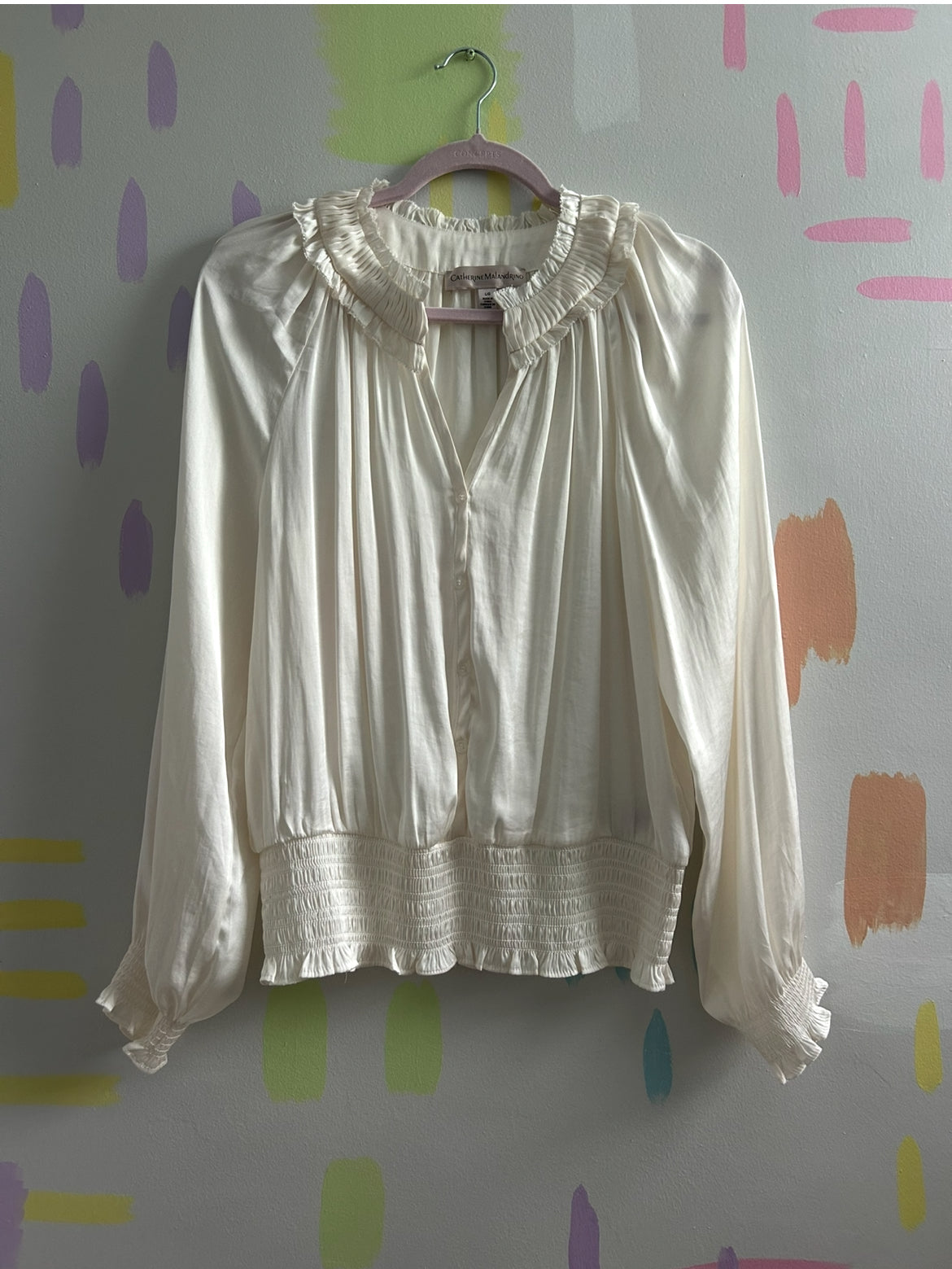 Catherine Malandrino Cream Ruffled V-Neck Blouse - Size Large
