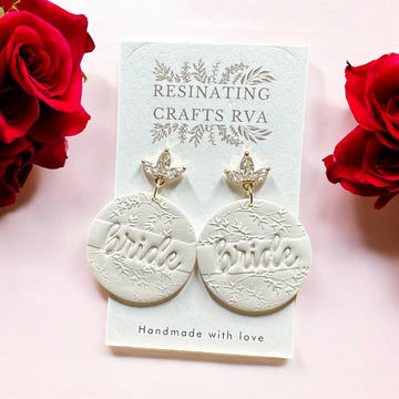 Bride Polymer Clay Earrings, Bachelorette earrings, Cubic Zirconia stainless steel posts
