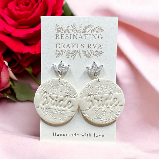 Bride Polymer Clay Earrings, Bachelorette earrings, Cubic Zirconia stainless steel posts