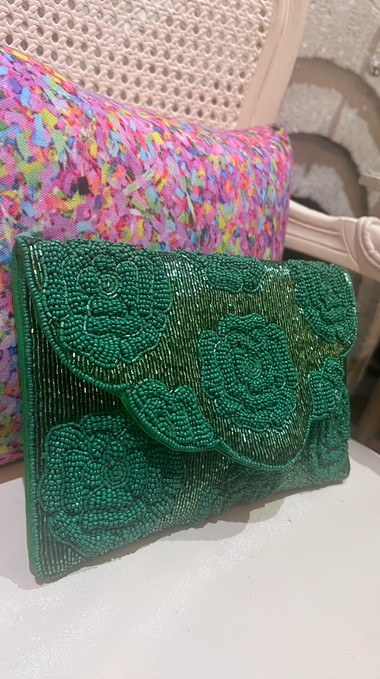 Holiday Green Rose Beaded Clutch with Crossbody Chain