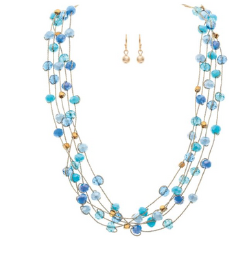 Blue Multicolor Glass Bead Cord Necklace Set