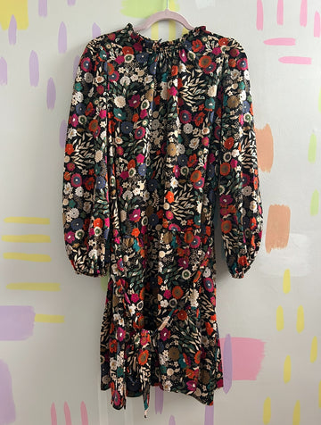 Maia Black Multi-Floral Long Sleeve Ruffle Dress - Size 12