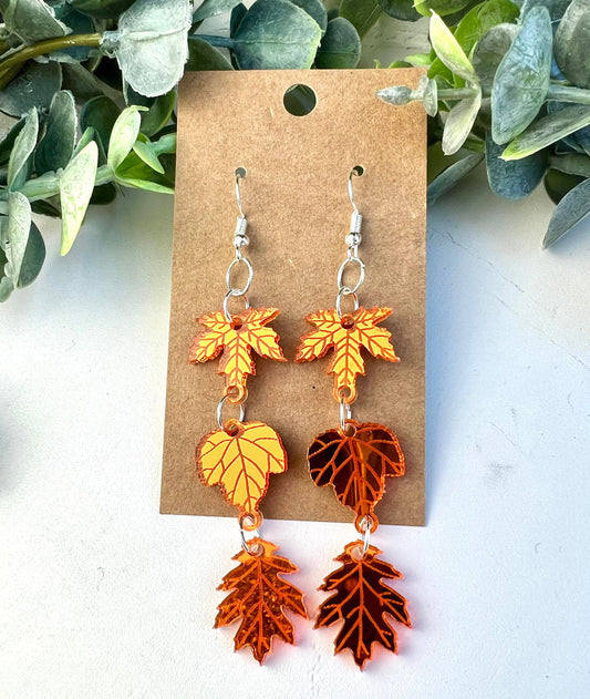 Orange Mirror Triple Leaf Acrylic Earrings