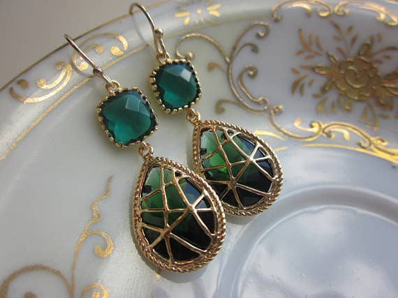 Emerald Green Earrings Gold Twisted Design