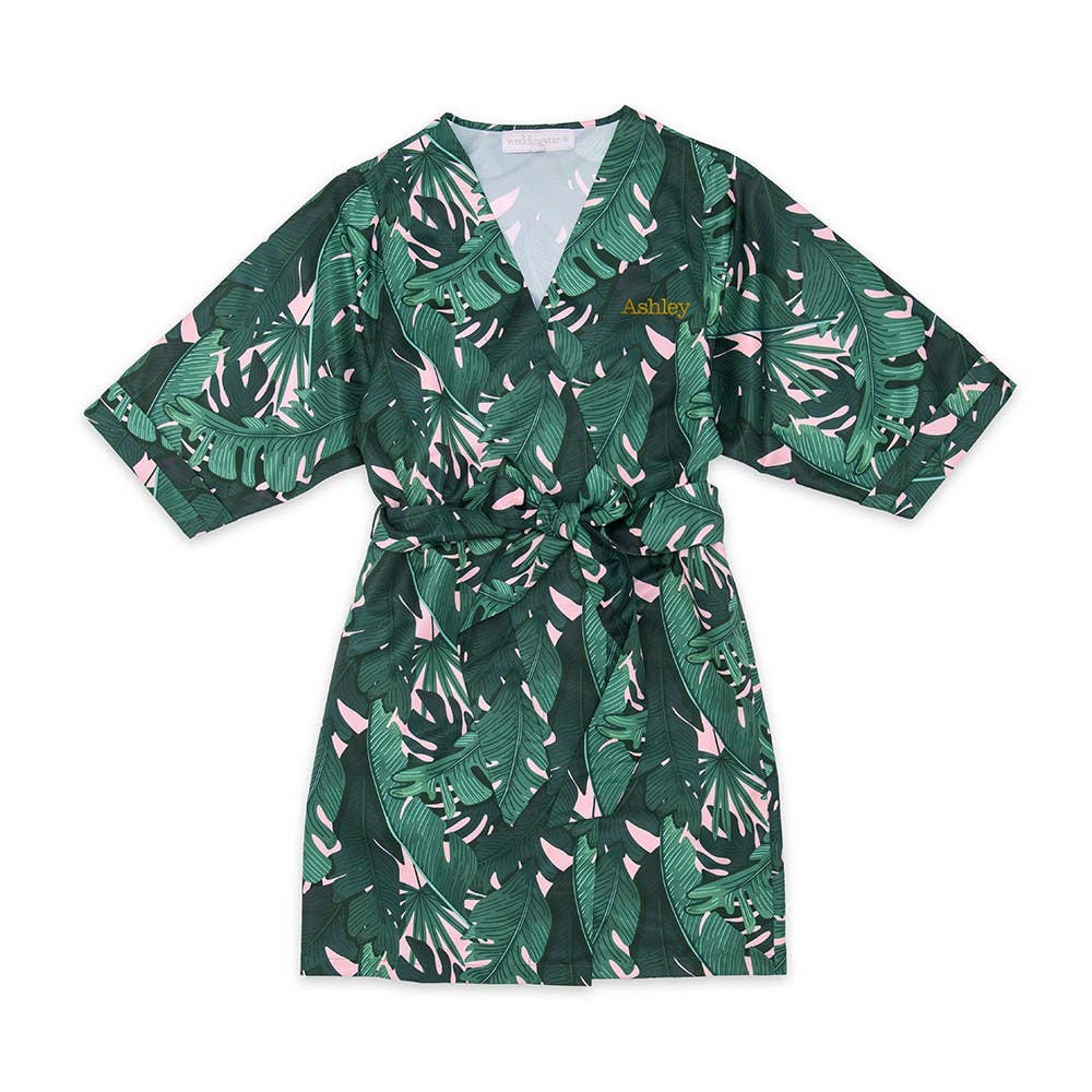 Tropical Satin Robe With Pockets - Banana Leaf