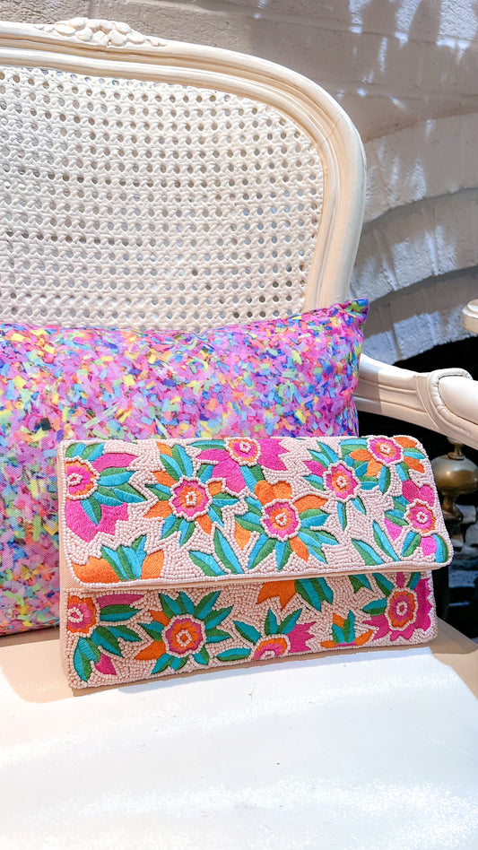 Maui in Bloom Hand Embellished Beaded Flap Clutch
