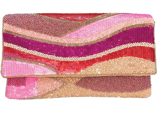Pink Wave Hand Embellished Beaded Flap Clutch