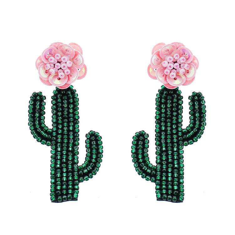 Green Seed Bead Cactus Earrings