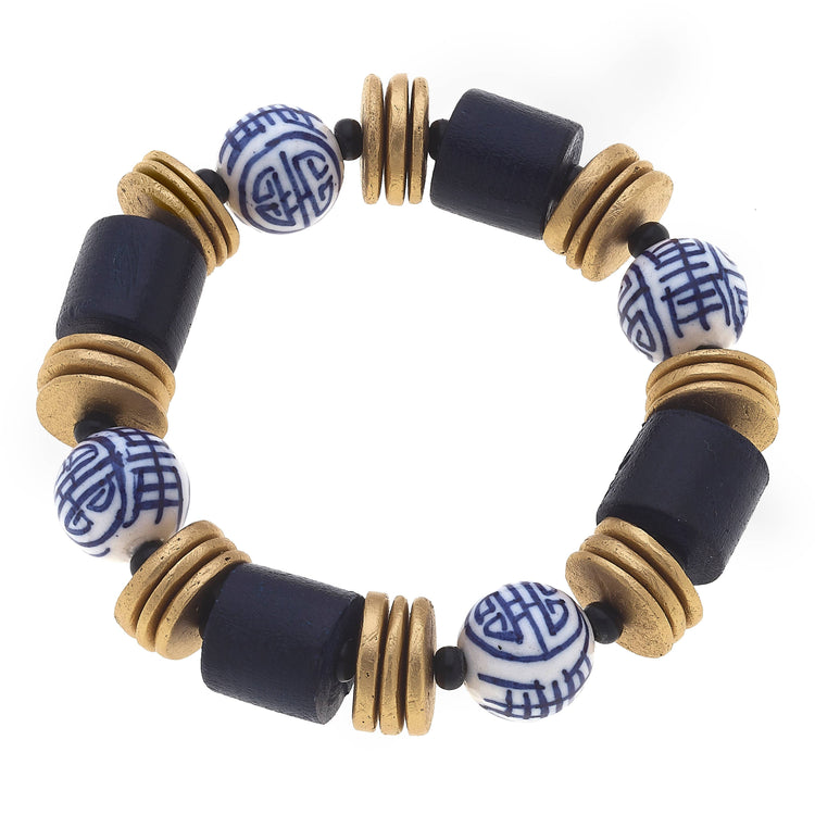 Juniper Chinoiserie & Painted Wood Stretch Bracelet in Navy
