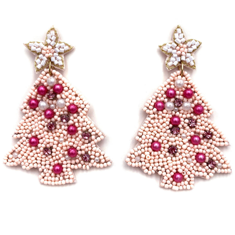 Pink Christmas Tree Star Pearl Ornaments Post Dangle Earring