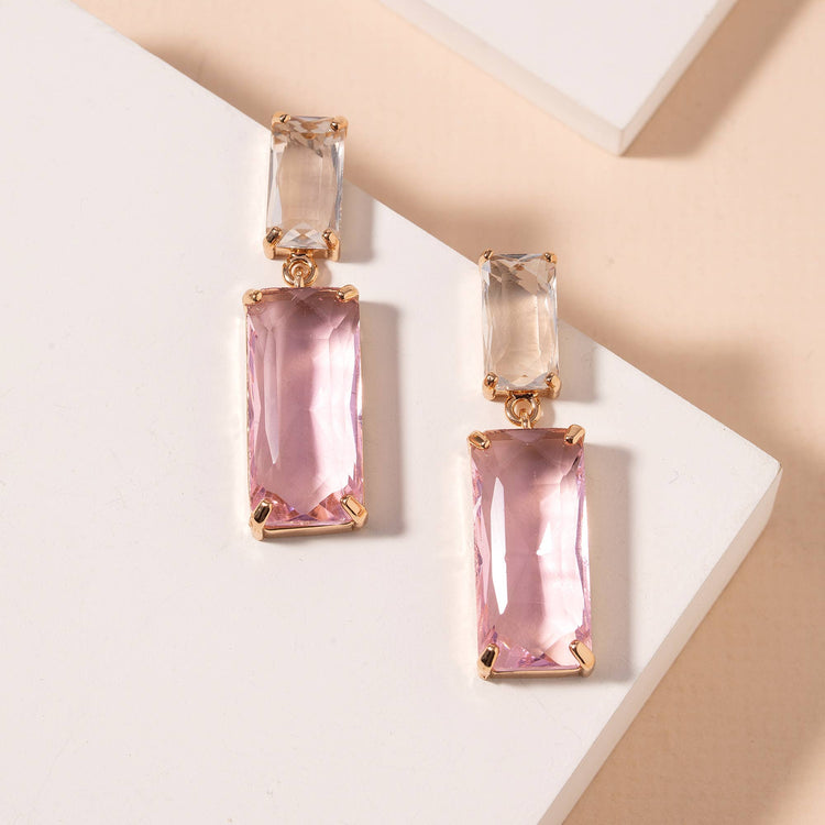 Pink Rectangular Glass Stone Dangling Earrings