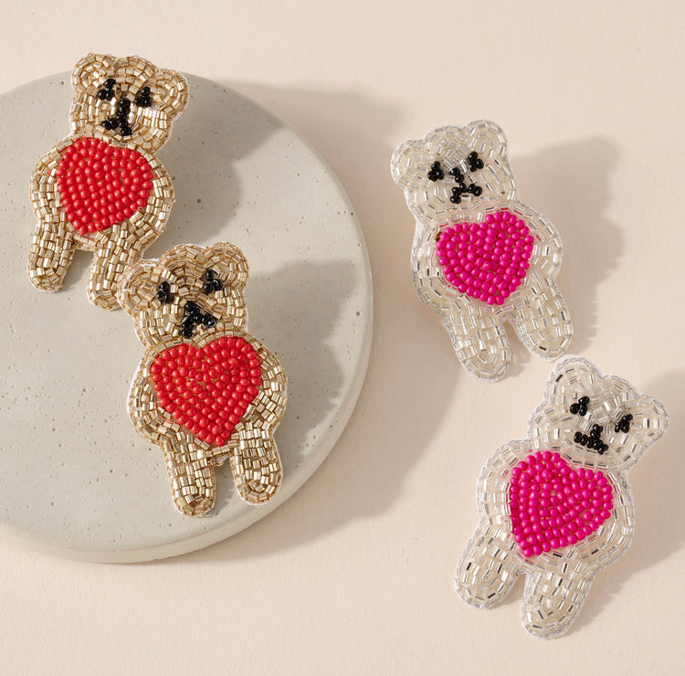 Teddy Bear Love Seed Bead Earrings