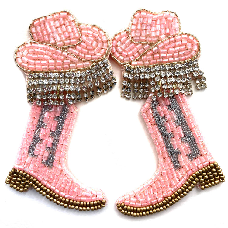 Pink Cowboy Hat Boots Party Rhinestone Seed Bead Post