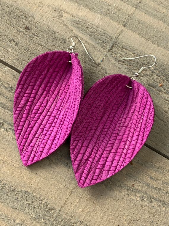 Magenta Palm Leaf Textured Leather Earrings
