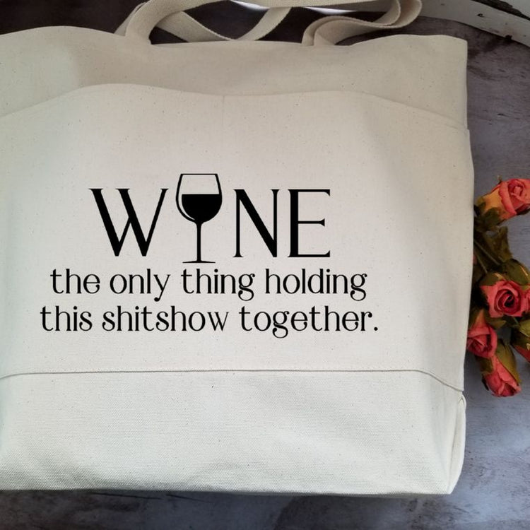 Large Cotton Canvas Tote Bag with Funny Quote and Front Pockets for Shopping, Gym, Overnight, Laptop